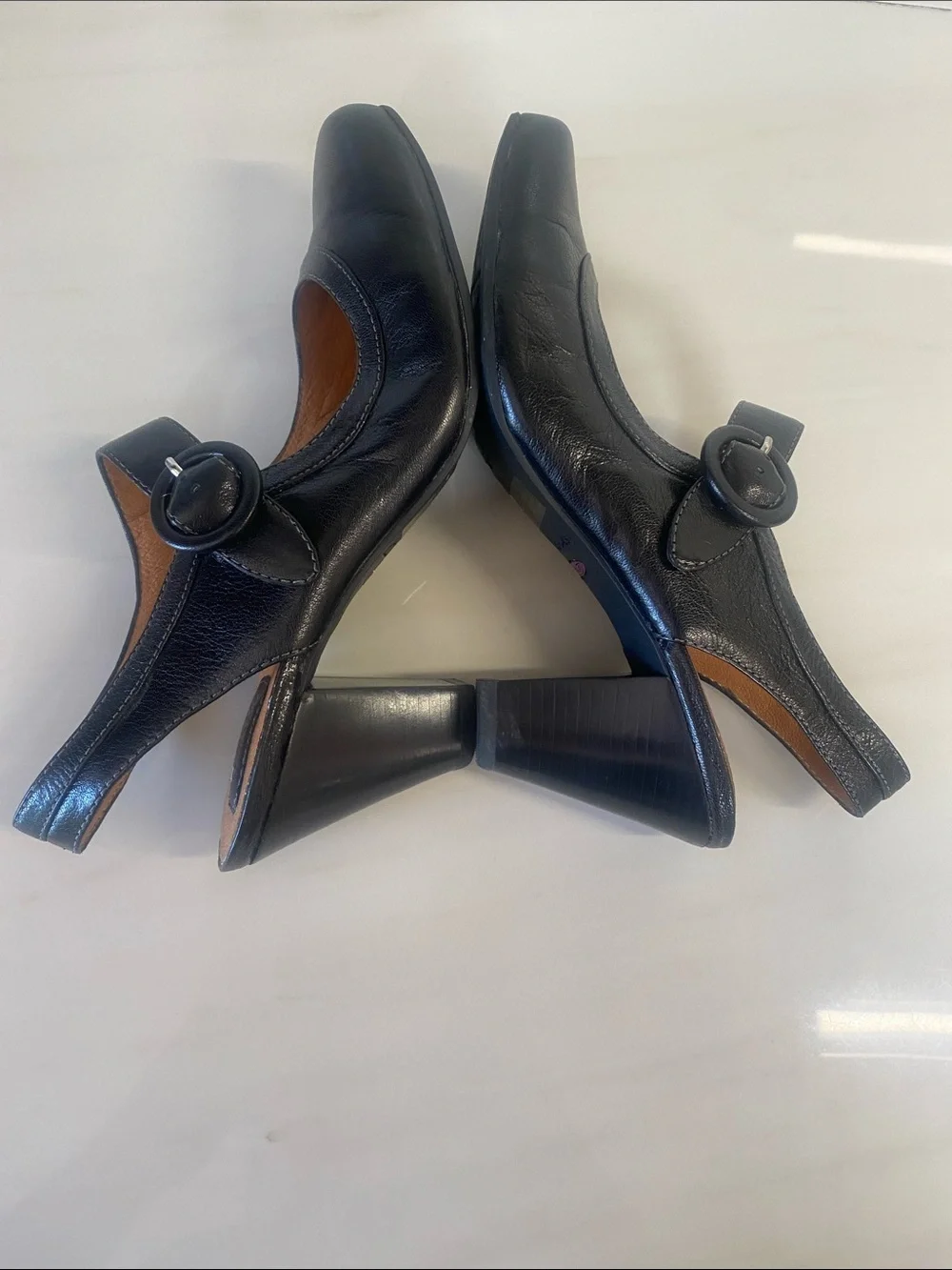 CLARKS  Black Leather Slingback Mary Jane Heels with Button Strap
